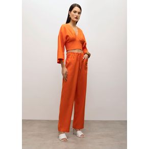 Calça Iódice Reta Cós Alto Com Amarril Laranja
