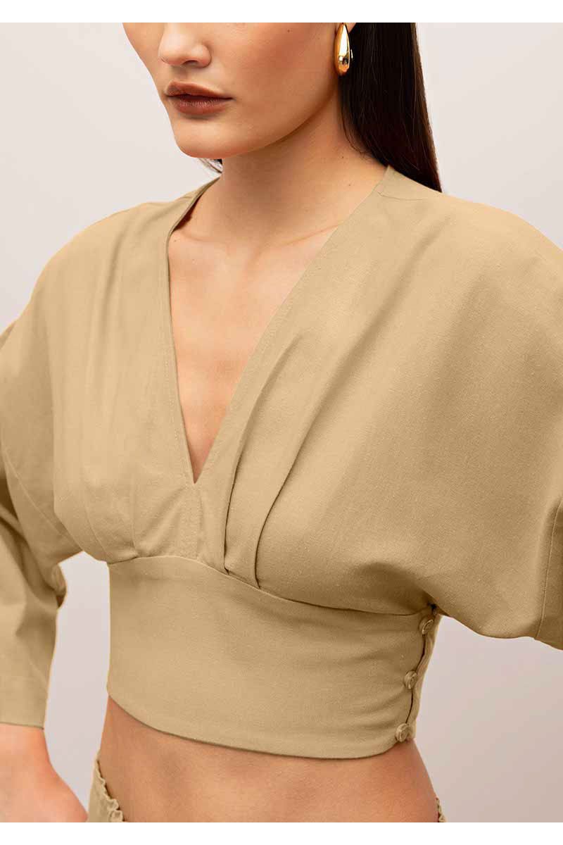 Blusa Iódice Decote V Manga Raglan 7/8 Com Pregas Marrom