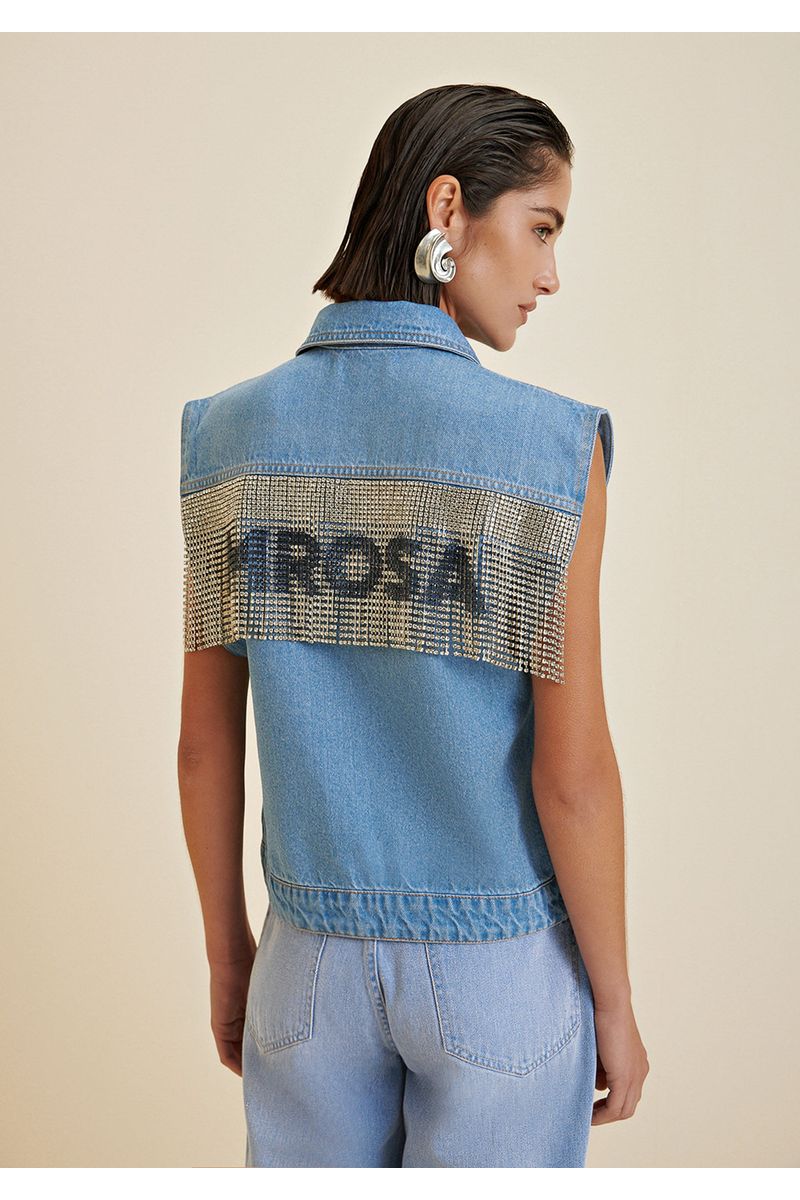 Colete Morena Rosa Alongado Detalhe Franjas Jeans