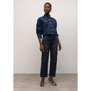 Calça Iódice Reta Cós Alto Com Aplicacao Jeans