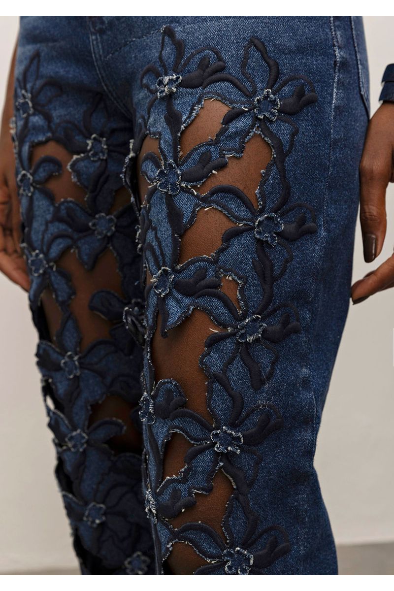 Calca Iódice Reta Cós Alto Com Aplicacao Jeans