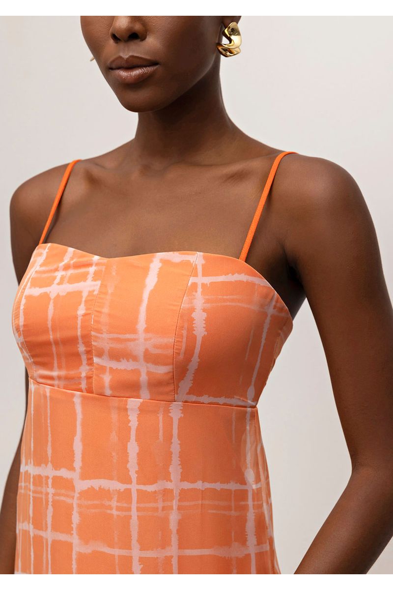 Vestido Iódice Midi Decote Reto Com Sóbreposicao Laranja