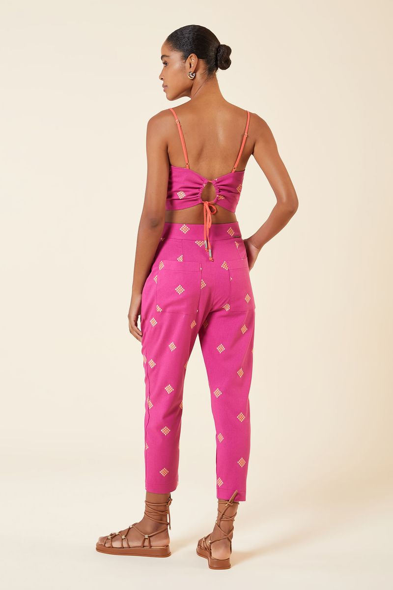 CALCA LINHO CENOURA BORDADA ROSE