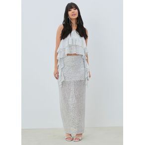 Saia Midi Cintura Alta Paetês cinza P