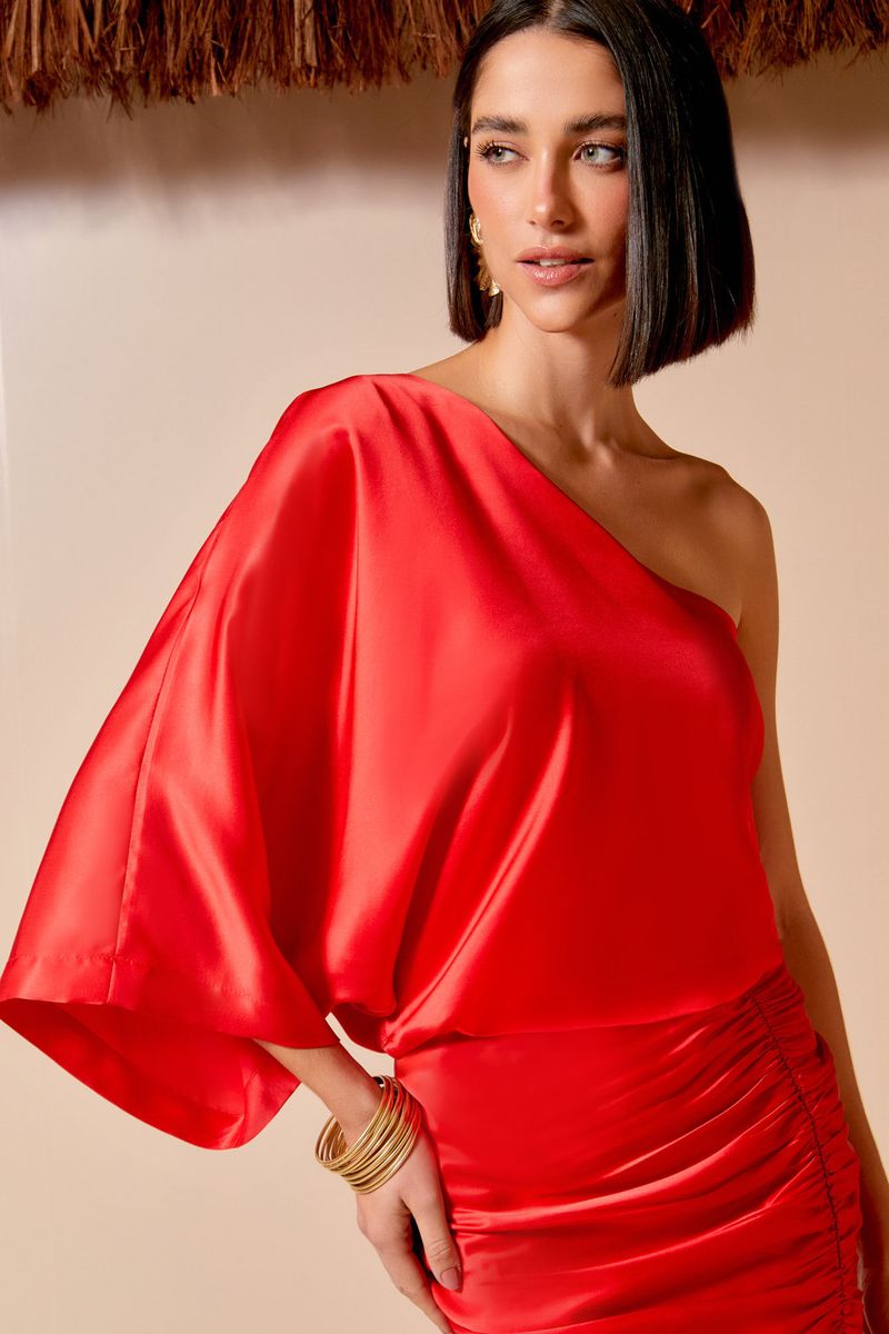 Vestido Curto Um Ombro Só Saia Drapeada - Vermelho Aretha
