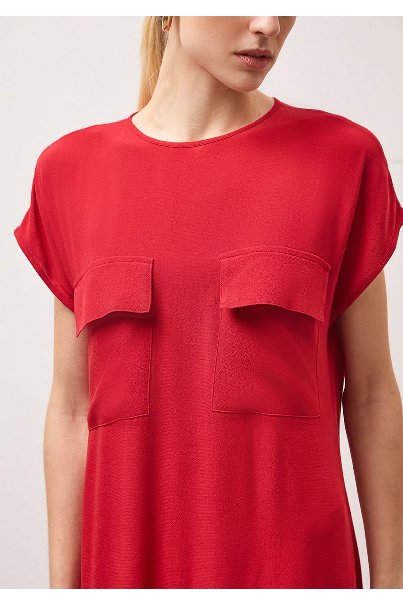 Vestido Iódice Midi Decote Redondo Com Bolso Vermelho