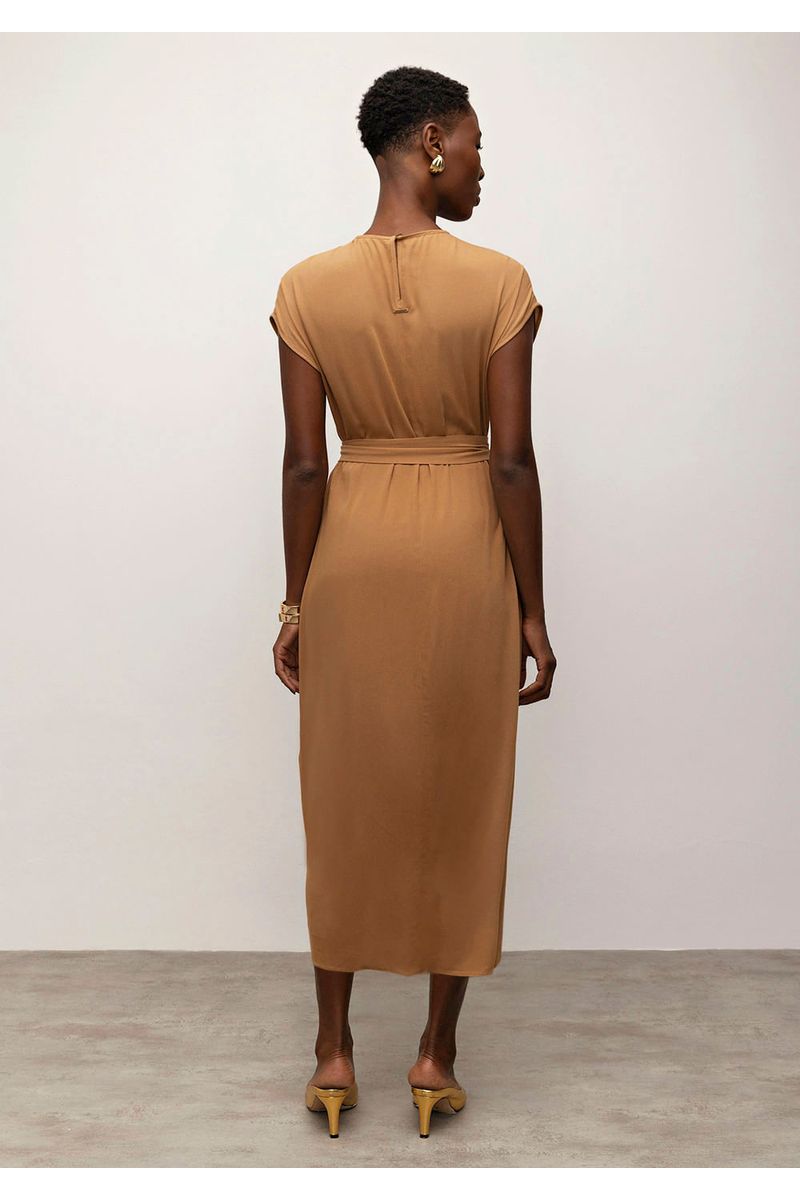 Vestido Iódice Midi Decote Redondo Com Bolso Marrom