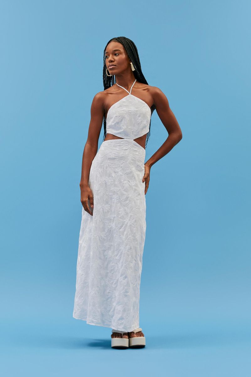 Vestido Midi Bordado Floral - Branco