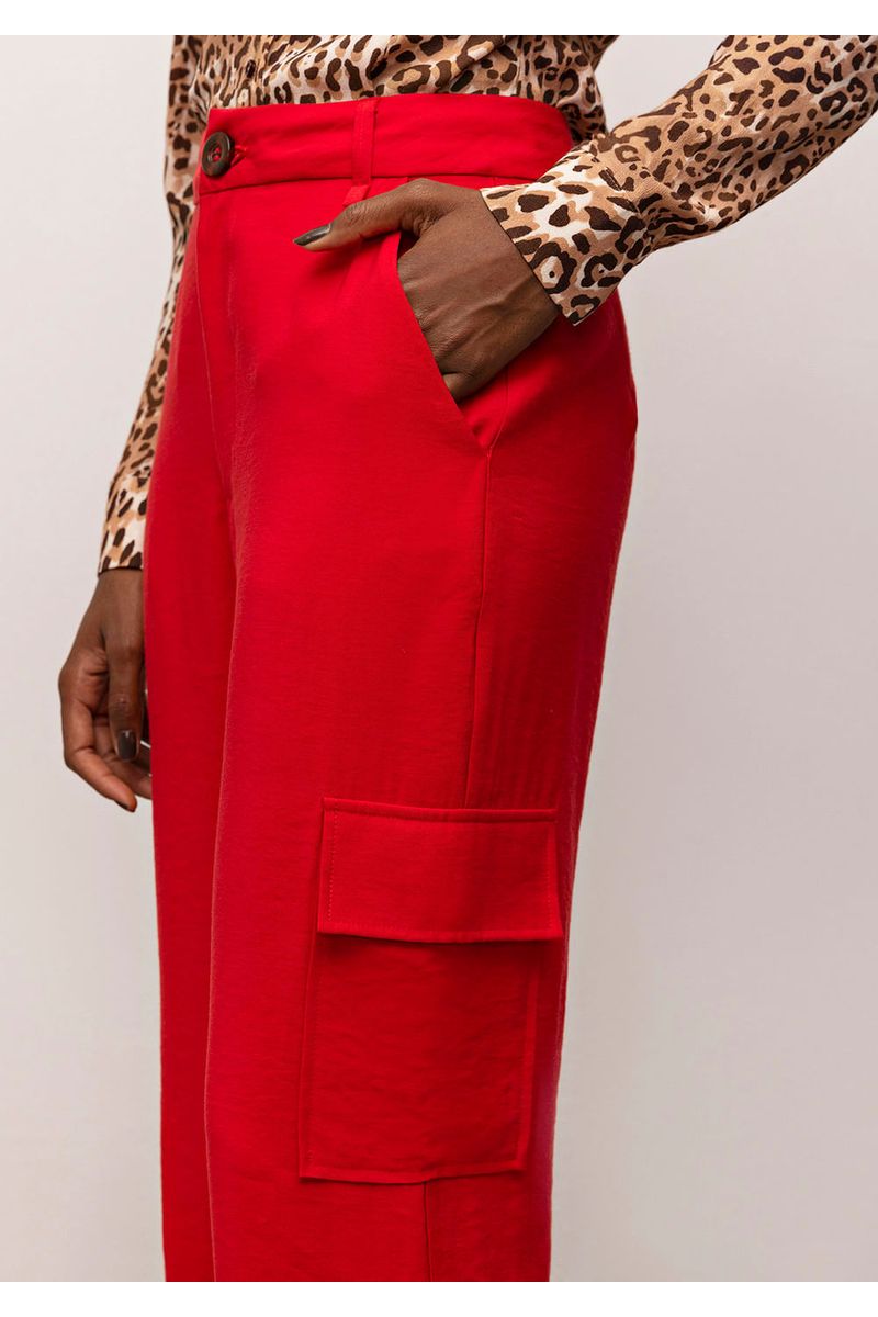 Calça Iódice Reta Cós Alto Com Bolso Vermelho