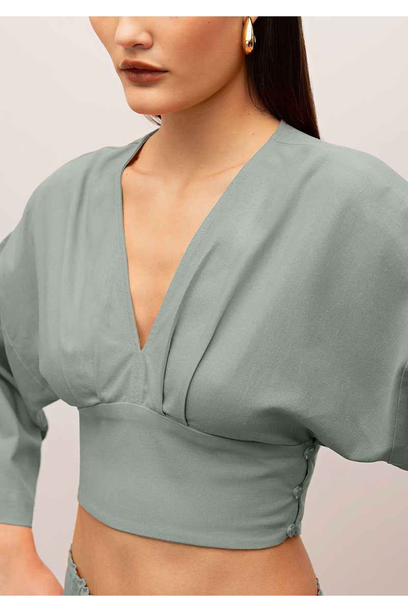 Blusa Iódice Decote V Manga Raglan 7/8 Com Pregas Azul