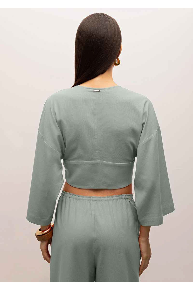 Blusa Iódice Decote V Manga Raglan 7/8 Com Pregas Azul