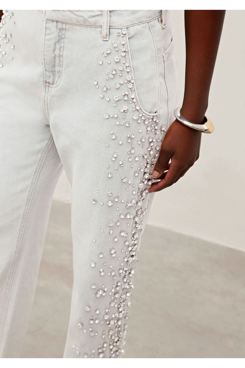 Calça Iódice Reta Cós Intermediário Com Bordado Off White