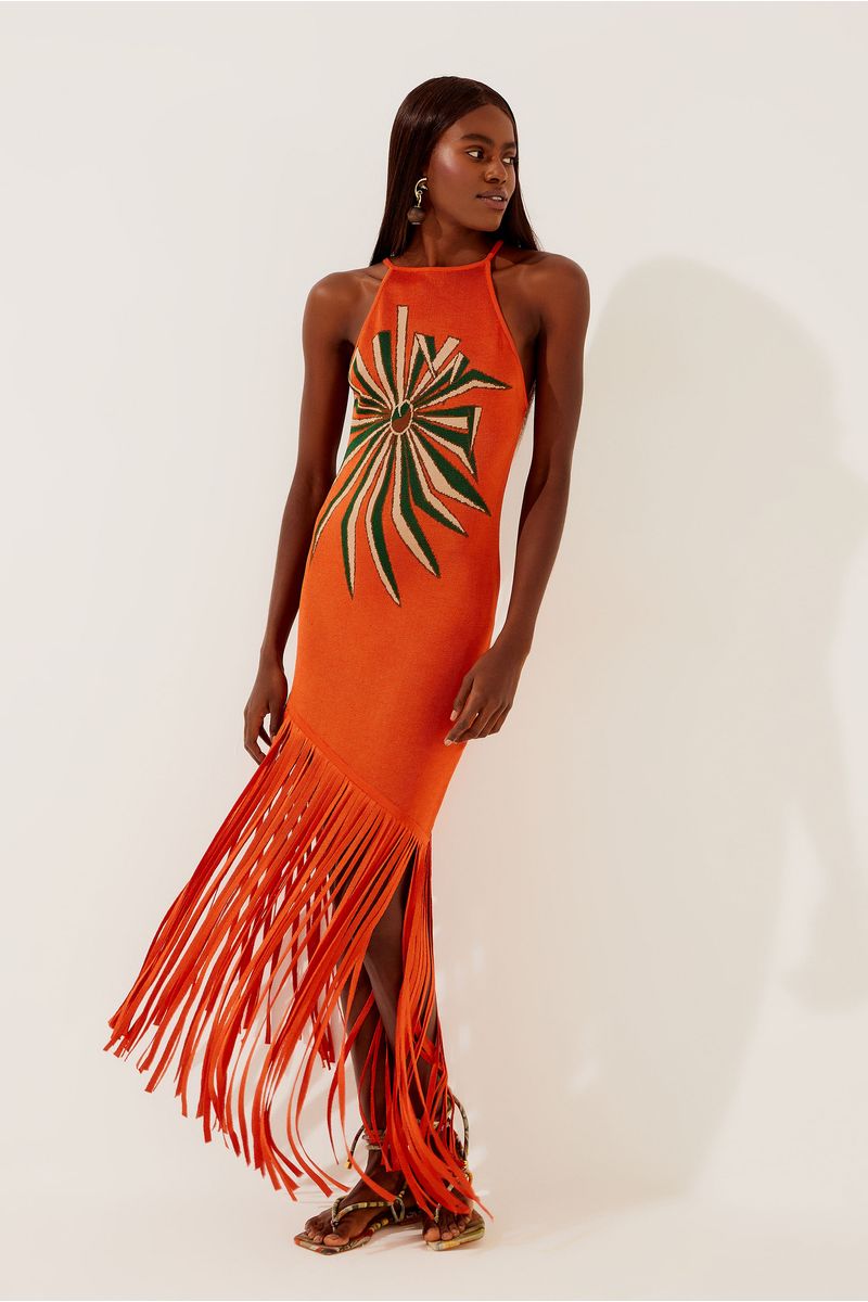 Vestido Midi Com Franjas Tricot Palmeira