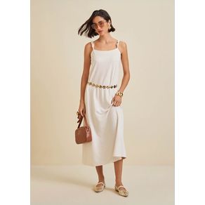 Vestido Morena Rosa Solto Decote Reto Com Alça Midi Cru