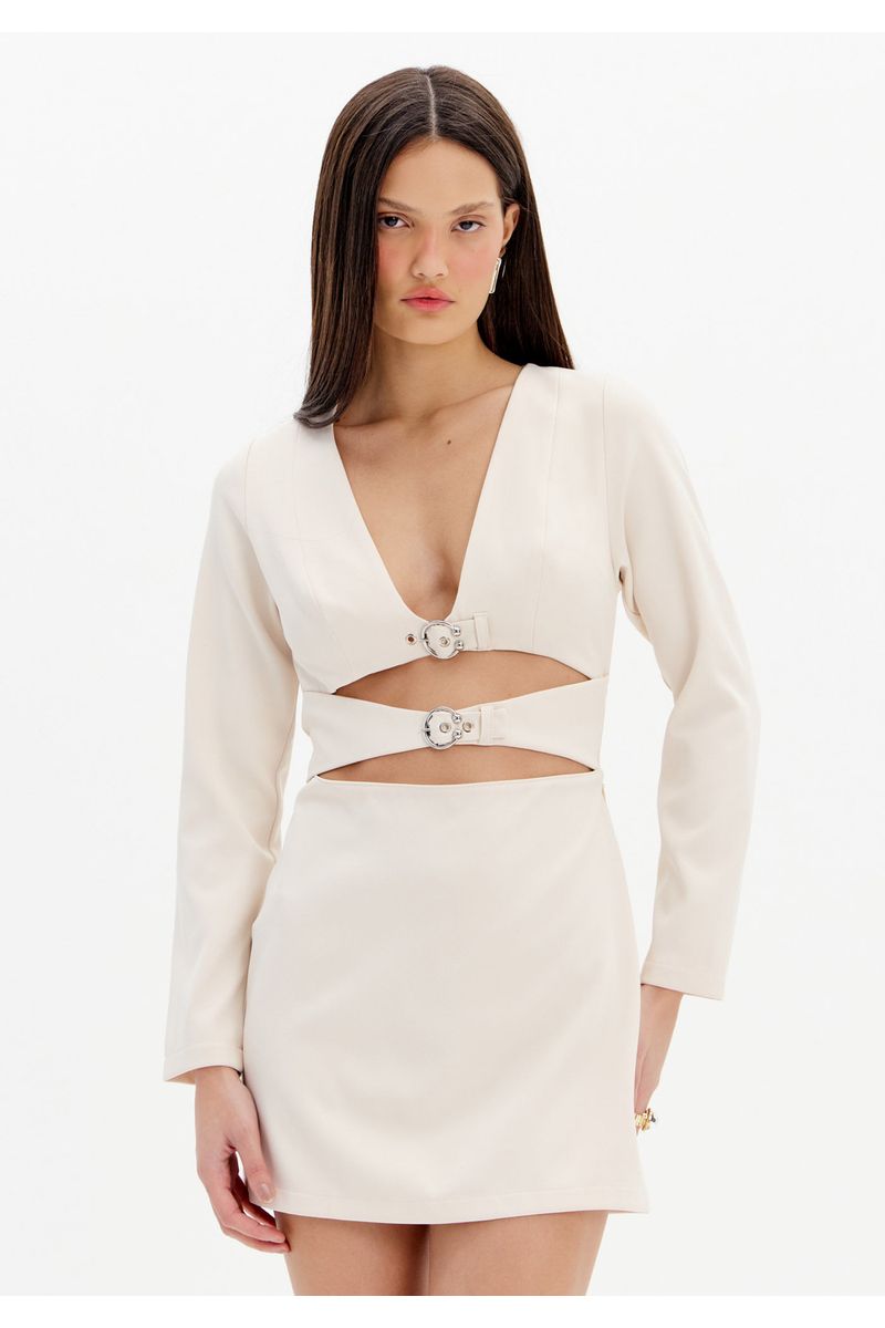 Vestido Curto Manga Longa com Fivelas