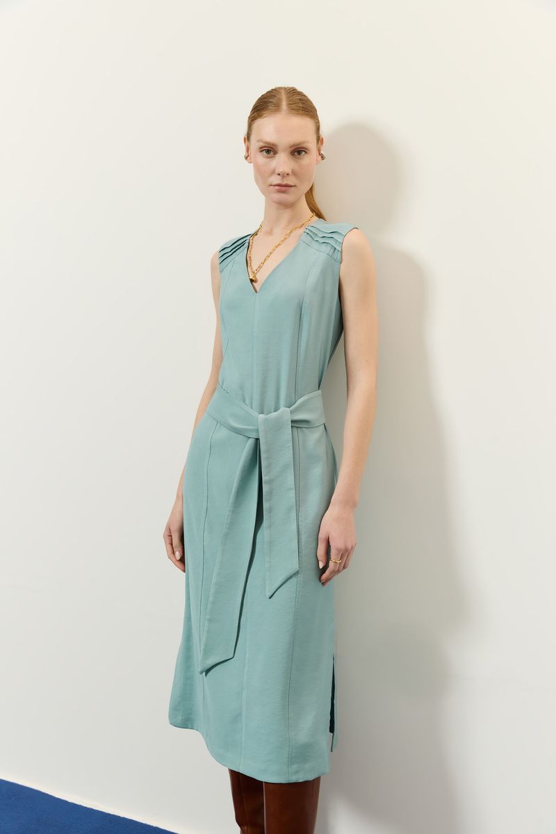 Vestido cupro ombro nervuras azul mpb