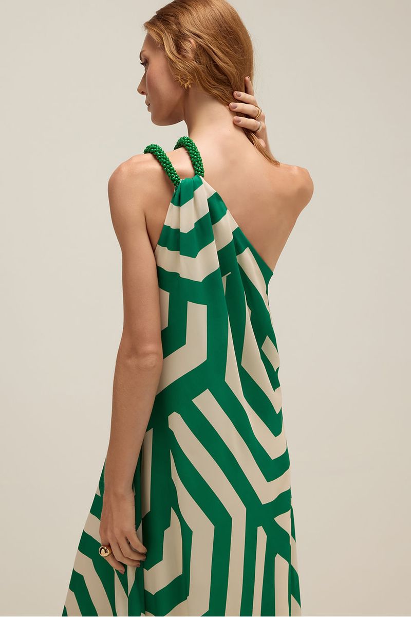 Vestido festa bordado ombro listra ipanema verde palmeira