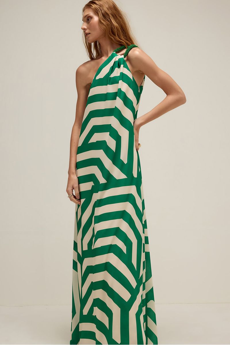 Vestido festa bordado ombro listra ipanema verde palmeira