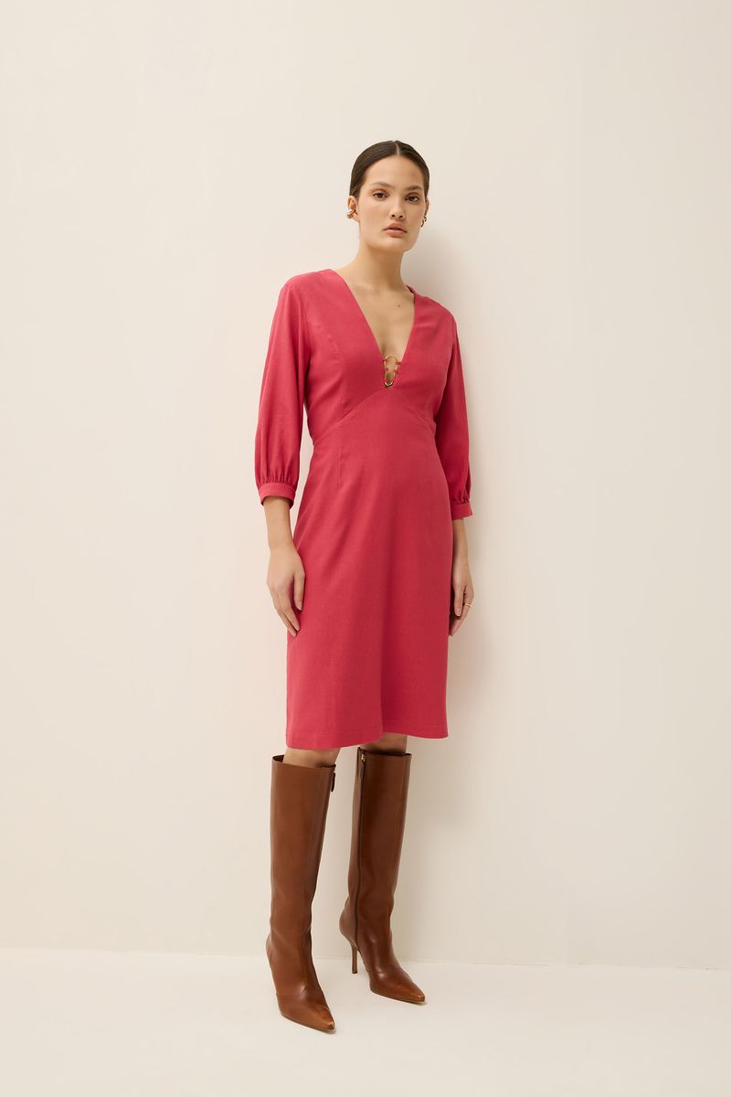 Vestido linho curto det metal rosa bolero