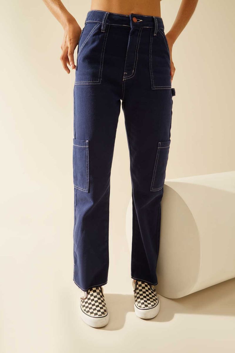 Calça Reta Bolsos - Azul Luna