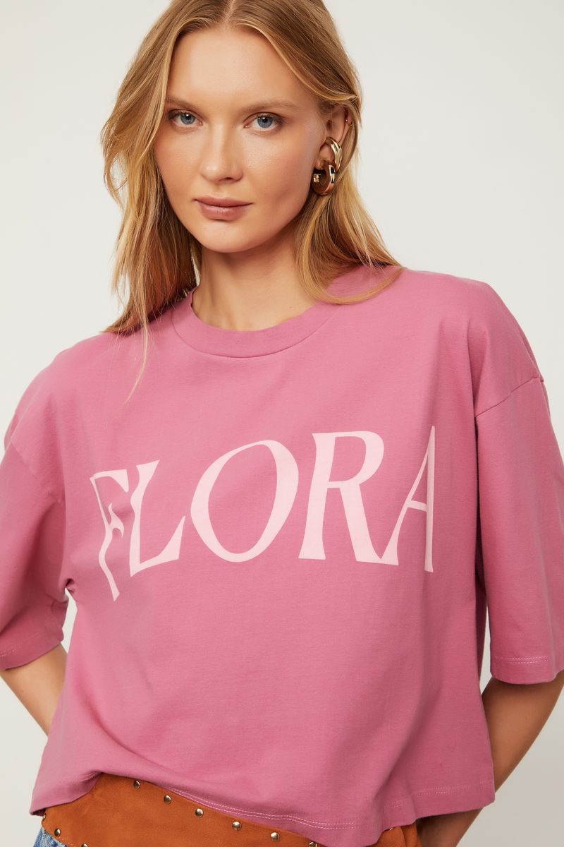 t Shirt De Malha Cropped Rosa Com Silk Flora
