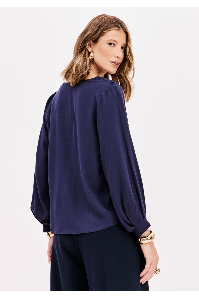 Blusa Decote V Mangas Médias Com Pregas