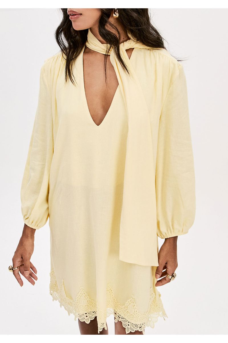 Vestido Curto Com Renda E Linho