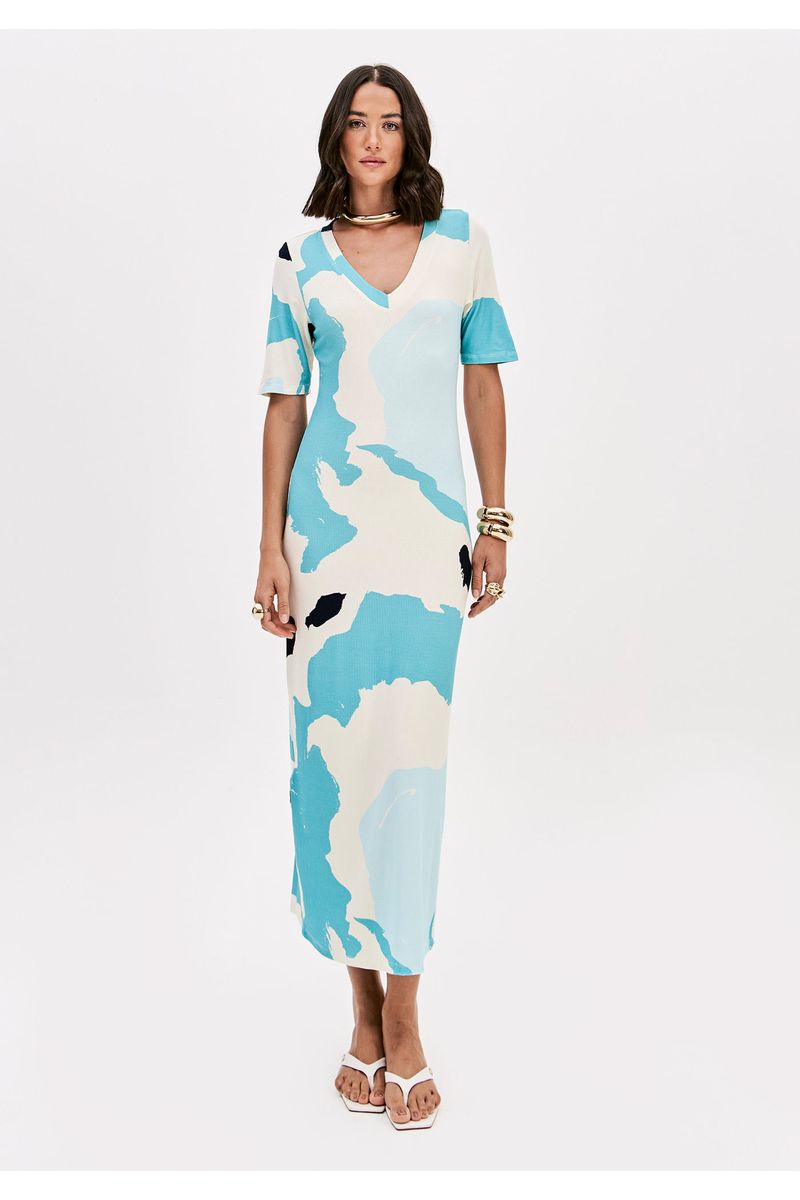 Vestido Super Midi Estampado Manga Curta