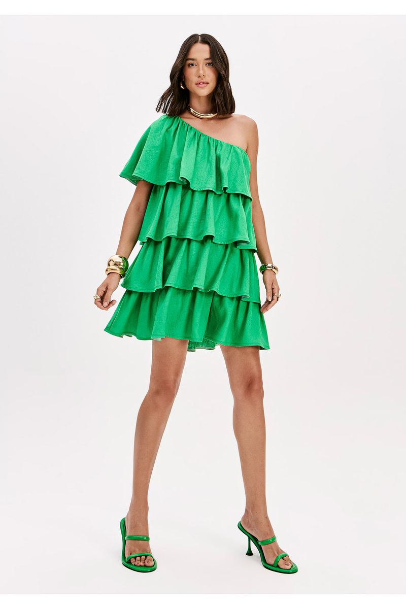 Vestido Curto Ombro Único Com Linho