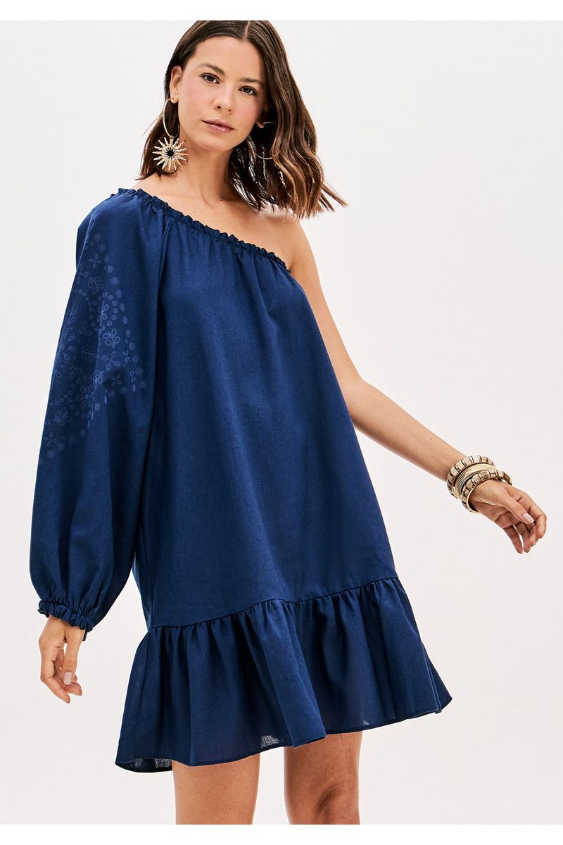 Vestido Curto Ombro Único Com Linho