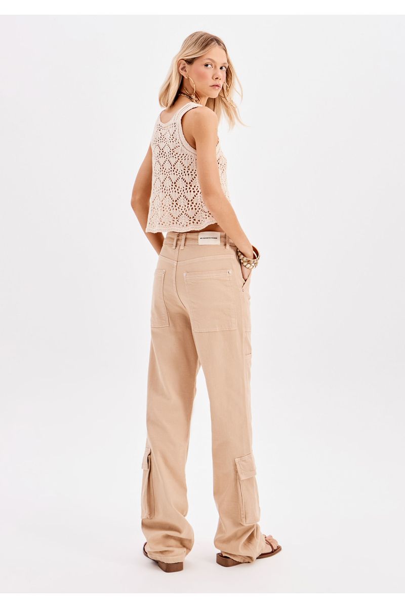 Calça Sarja Full Length Cargo Cintura Alta