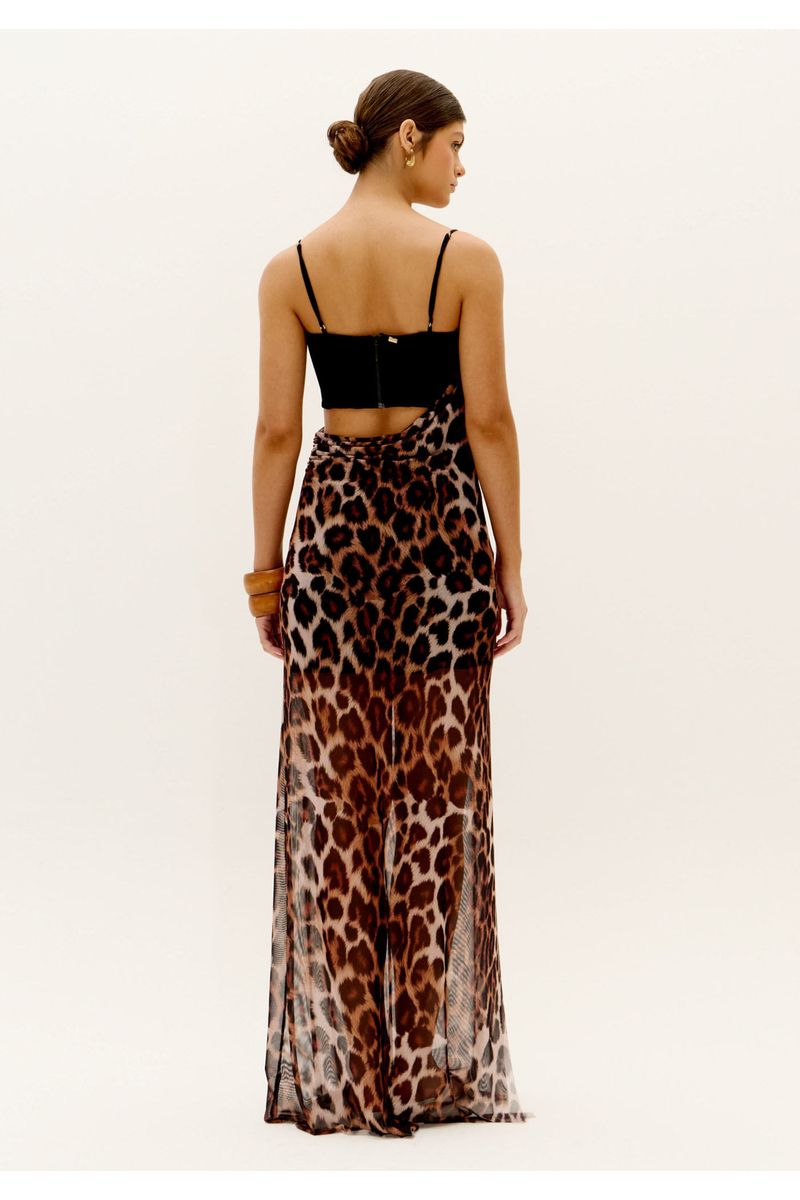 Vestido Longo Estampado Tule Com Cut Out