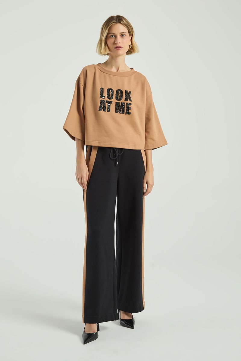 BLUSA MOLETOM 3/4 COM SILK-BEGE ESCURO