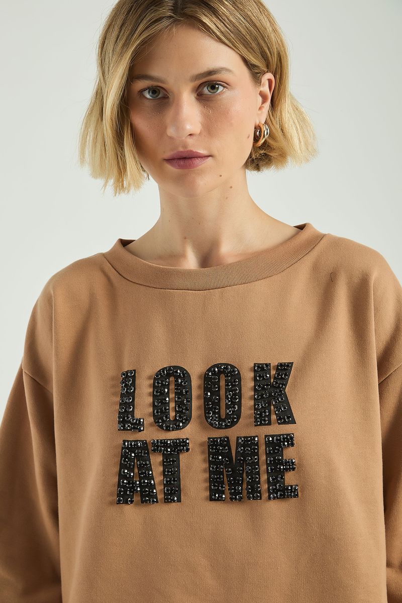 BLUSA MOLETOM 3/4 COM SILK-BEGE ESCURO