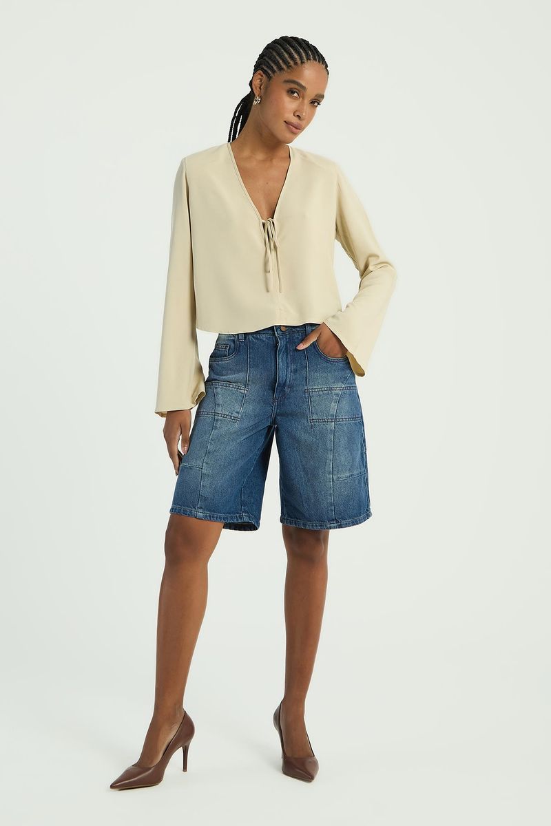 BLUSA DECOTE V COM AMARRAÇÃO - AVEIA