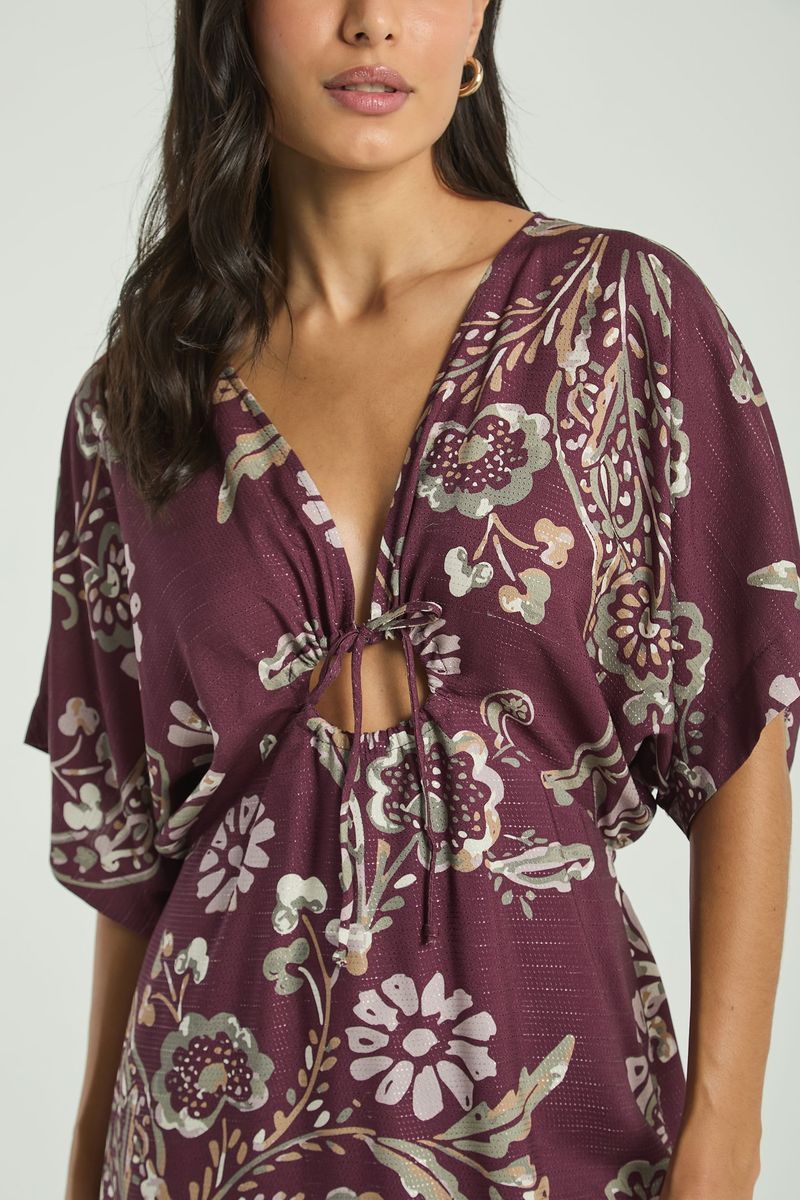 VESTIDO ESTAMPADO COM ARGOLA E AMARRAÇÃO FRONTAL-EST CASHMERE PINCELADO