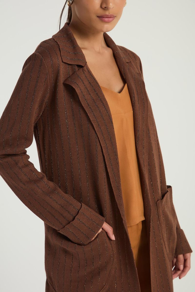 CASACO LISTRADO EM TRICOT COM LUREX - CASTANHO/DOURADO