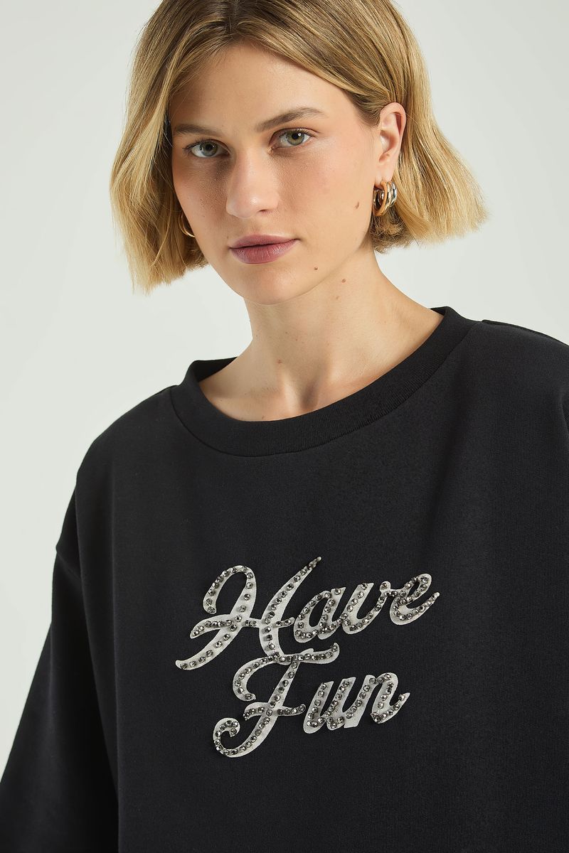 BLUSA MOLETOM 3/4 COM SILK-PRETO