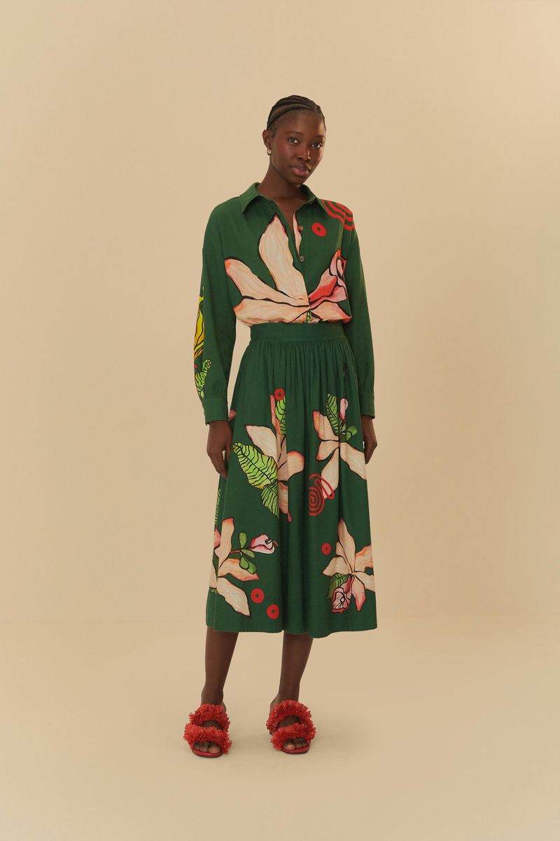 Saia Midi Linho Estampada Pólen