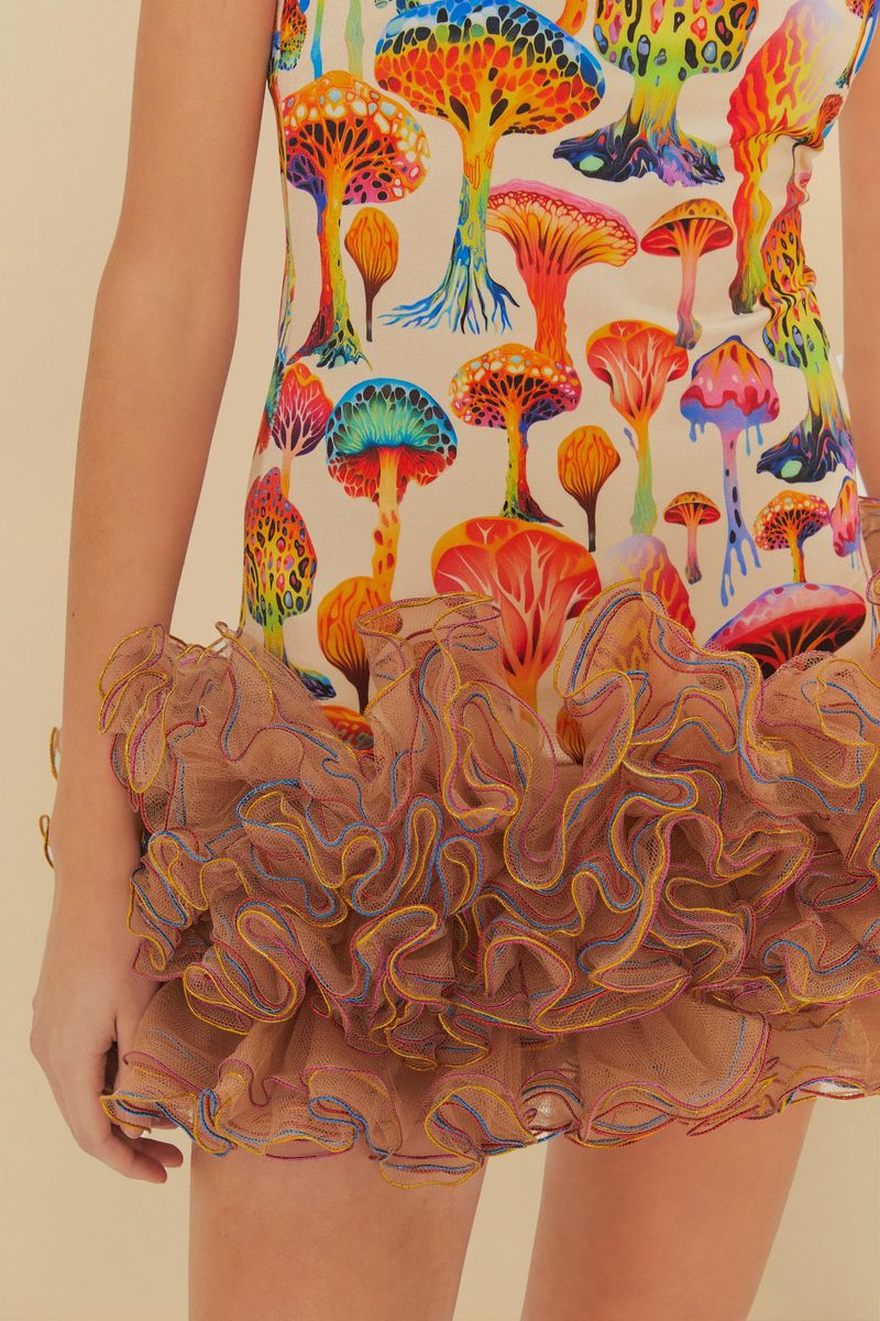 Vestido Curto Meiota Estampado Cogumelos Babados