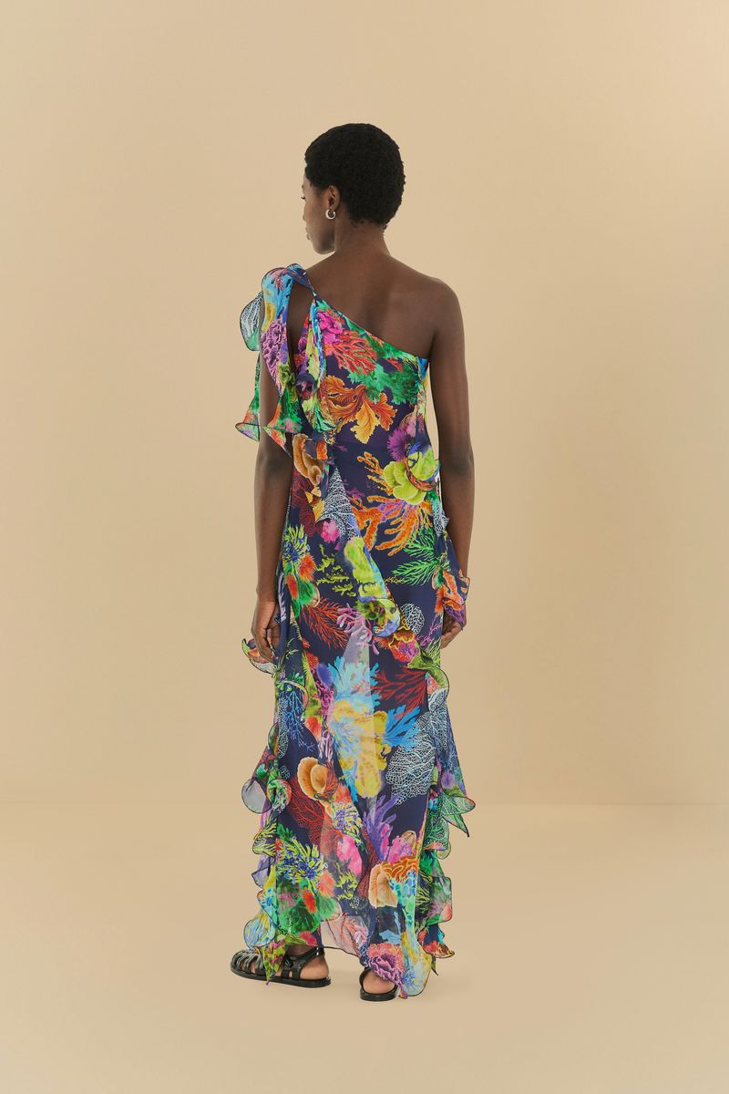 Vestido Babados Estampado Jardim Coral Isadora Gallas