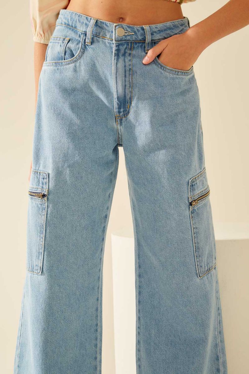 Calça Wideleg Bolso Zíper - Jeans
