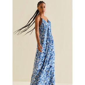 Vestido Morena Rosa Solto Decote V Com Alça Longo Azul