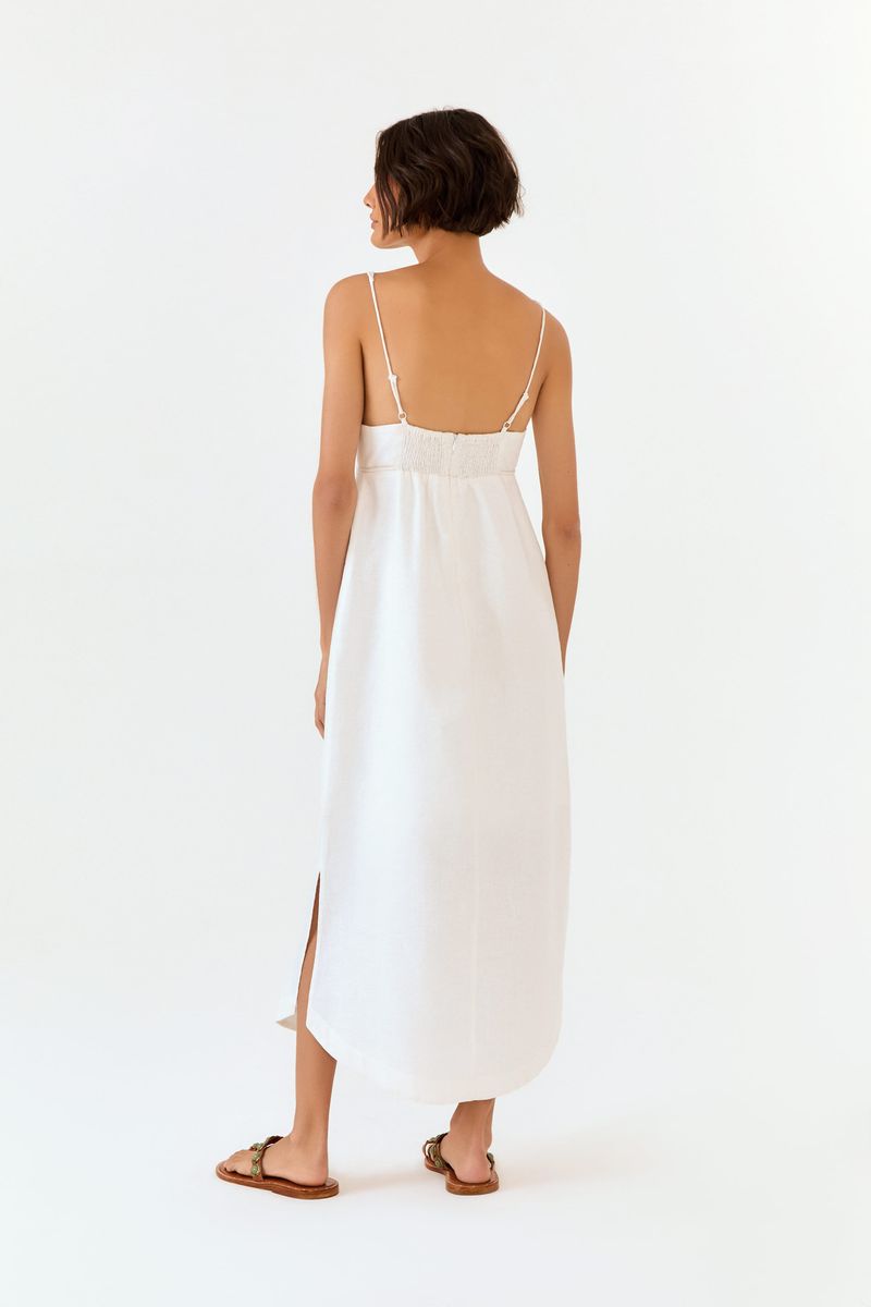 Vestido Midi Linho Decote Metais