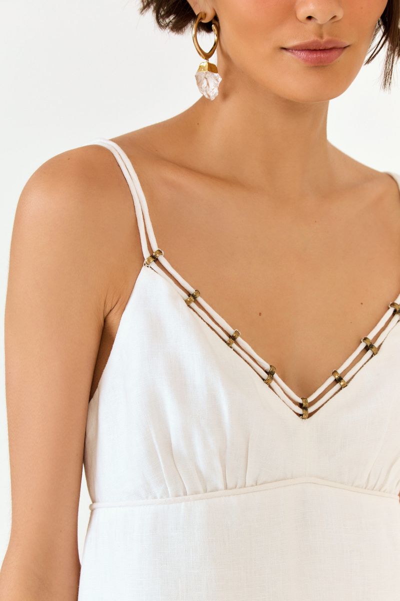 Vestido Midi Linho Decote Metais