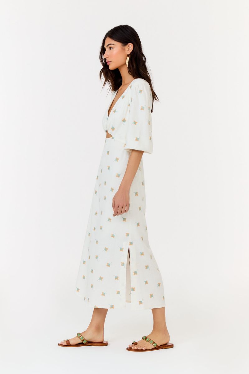 Vestido Midi Decote Bordado Floral