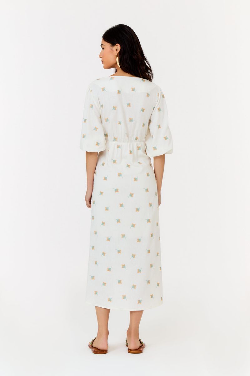 Vestido Midi Decote Bordado Floral