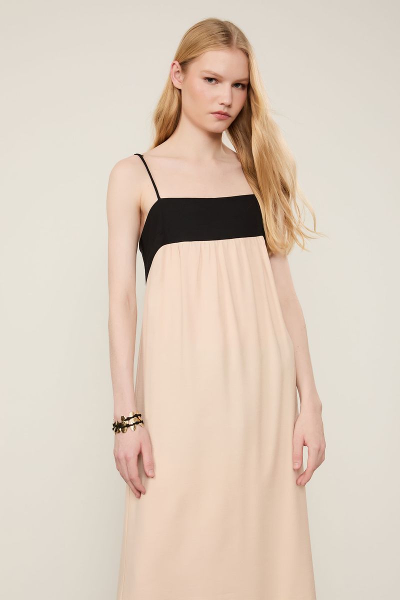 Vestido Midi Bicolor Decote Reto
