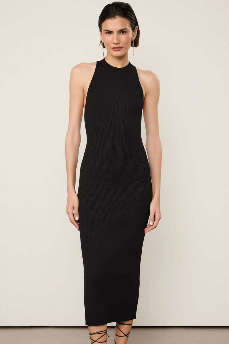 Vestido De Tricot Midi Preto Decote Costas