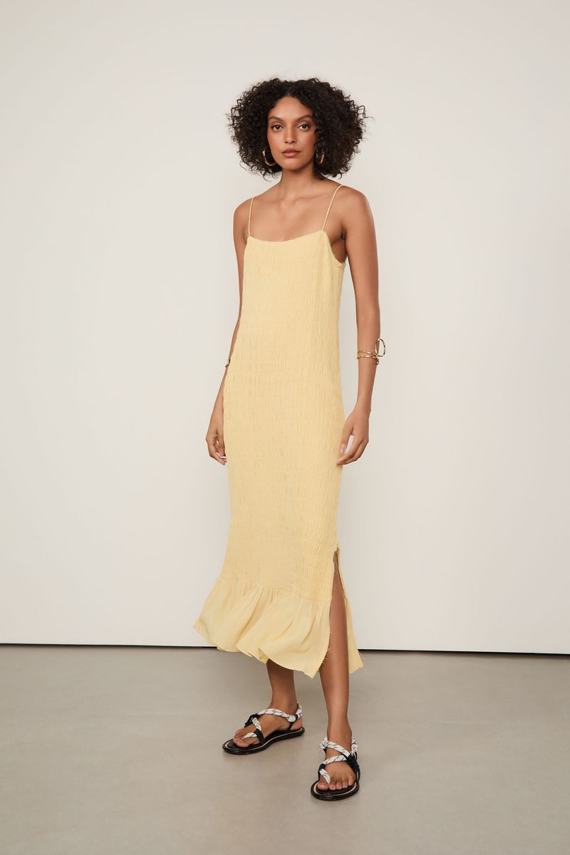 Vestido De Georgette Midi Amarelo Papiro Com Lastex
